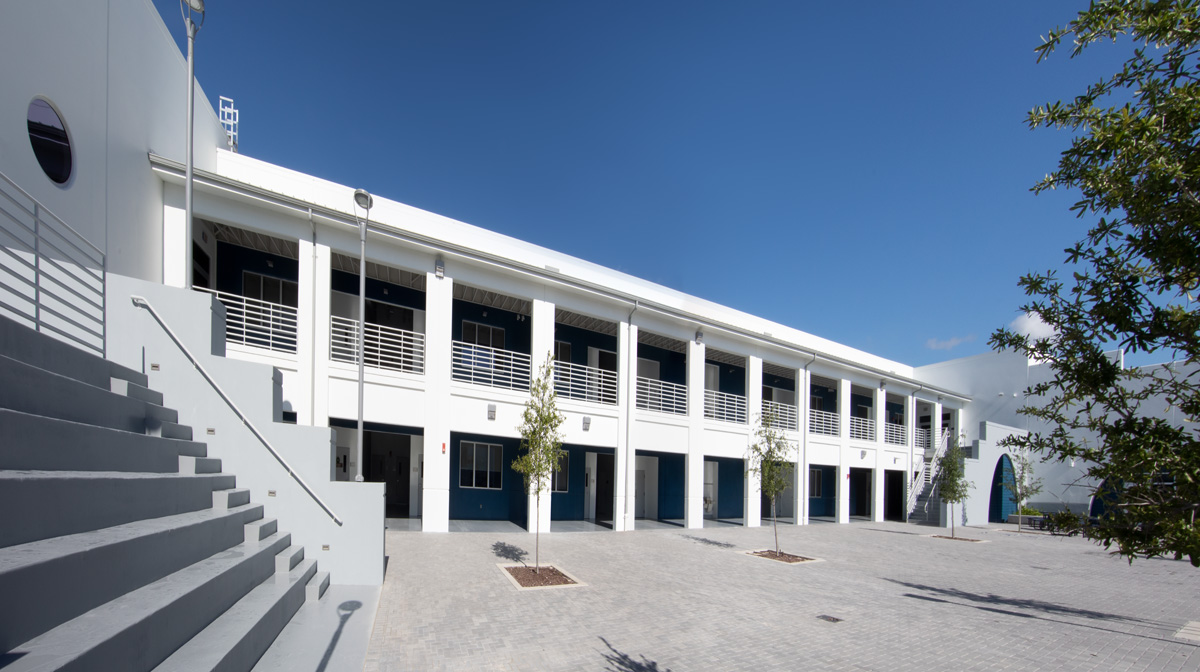 Architectural view of the courtyard at Pinecrest prep charter k-12 school in Miami.